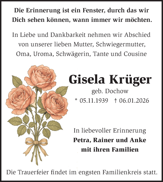 Traueranzeige von Gisela Krüger von MO Uckerm.-Anz.