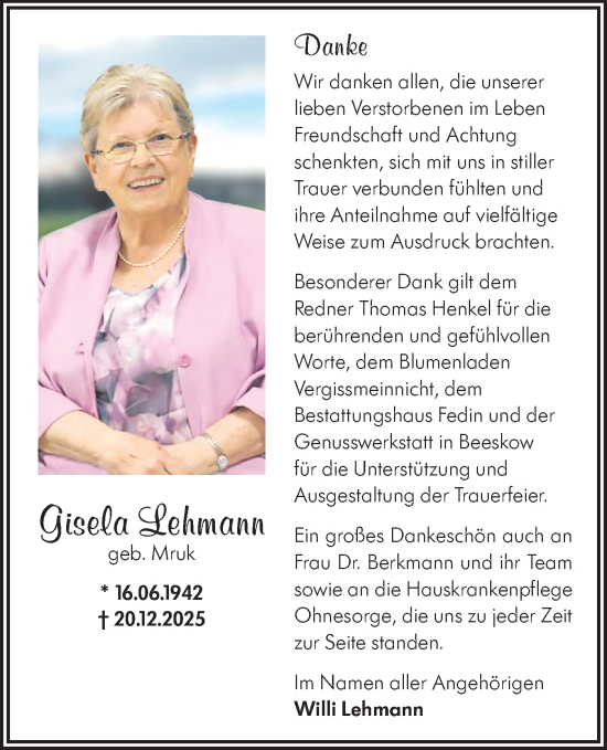 Traueranzeige von Gisela Lehmann von Märkische Oderzeitung