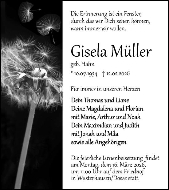 Traueranzeige von Gisela Müller von Märkische Oderzeitung