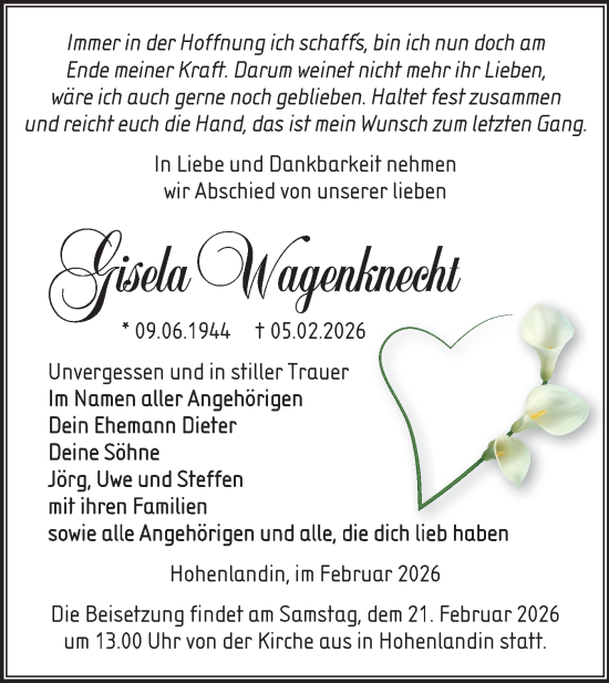 Traueranzeige von Gisela Wagenknecht von MO Uckerm.-Anz.