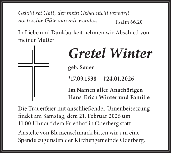 Traueranzeige von Gretel Winter von MO Oderld.-Echo