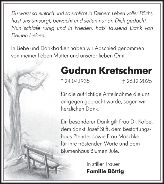 Traueranzeige von Gudrun Kretschmer von Blickpunkt Jüterbog/Luckenwalde