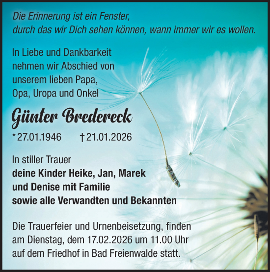Traueranzeige von Günter Bredereck von MO Oderld.-Echo