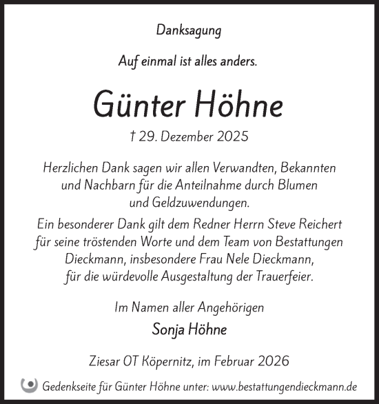 Traueranzeige von Günter Höhne von Märkische Oderzeitung