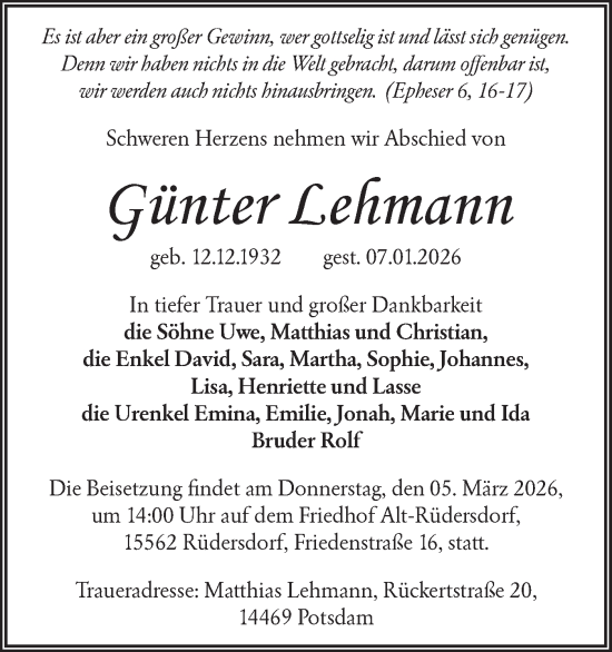 Traueranzeige von Günter Lehmann von Märkische Oderzeitung