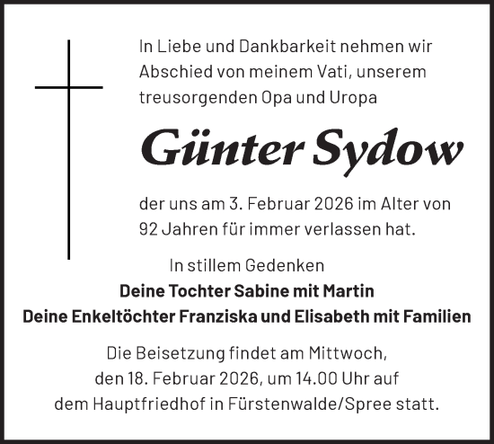 Traueranzeige von Günter Sydow von Märkische Oderzeitung