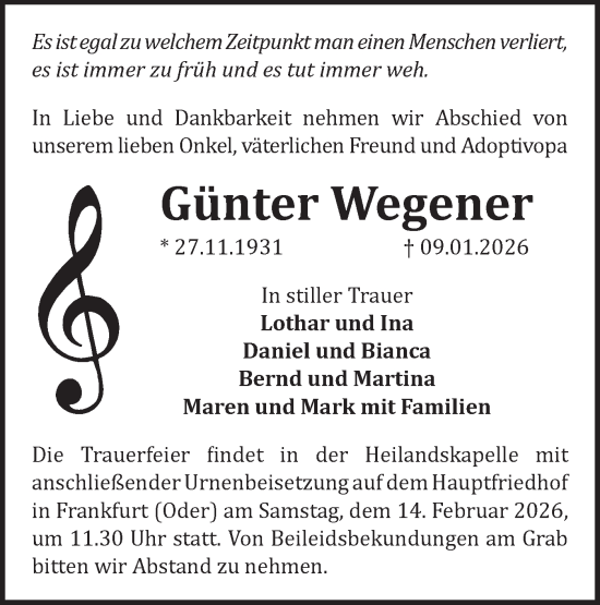 Traueranzeige von Günter Wegener von Märkische Oderzeitung