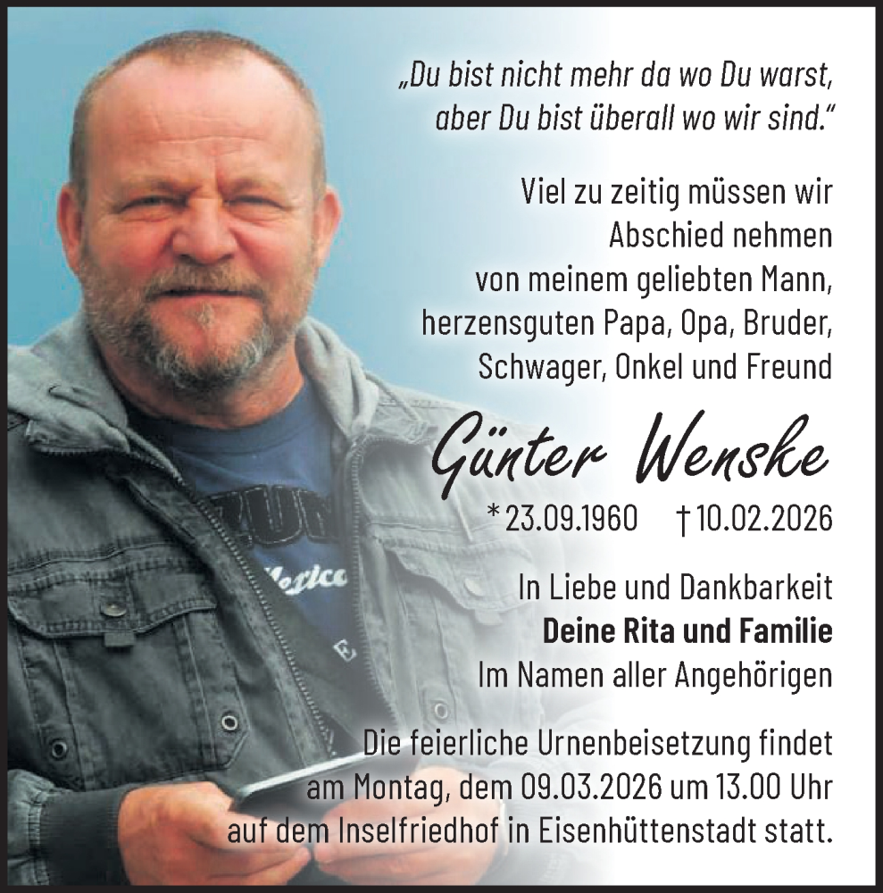  Traueranzeige für Günter Wenske vom 21.02.2026 aus Märkische Oderzeitung