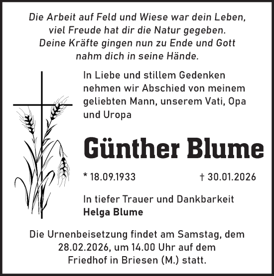 Traueranzeige von Günther Blume von Märkische Oderzeitung