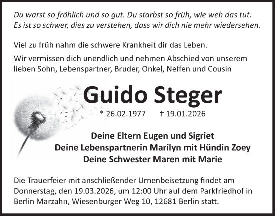 Traueranzeige von Guido Steger von Blickpunkt Königs Wusterhausen
