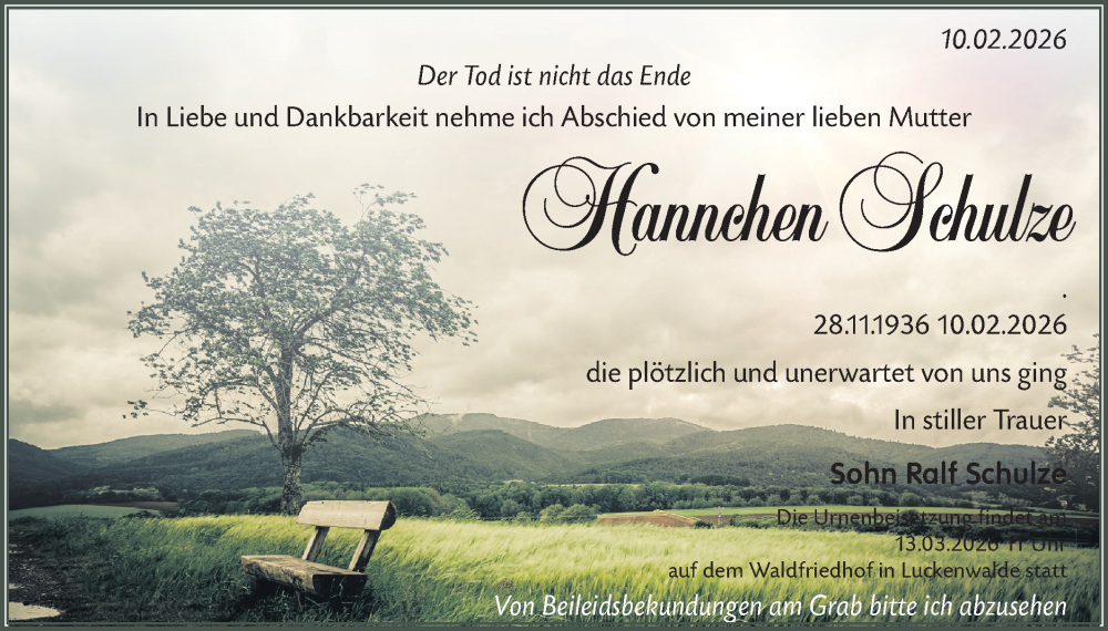  Traueranzeige für Hannchen Schulze vom 21.02.2026 aus Blickpunkt Jüterbog/Luckenwalde