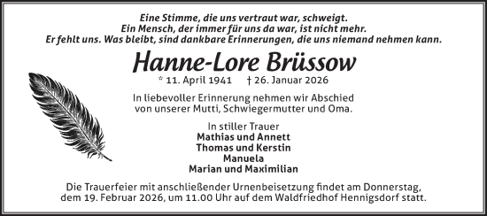 Traueranzeige von Hanne-Lore Brüssow von Märkische Oderzeitung