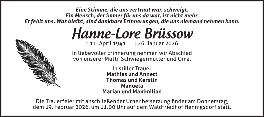  Traueranzeige für Hanne-Lore Brüssow vom 07.02.2026 aus Märkische Oderzeitung