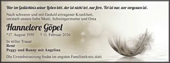 Traueranzeige von Hannelore Göpel von Märkische Oderzeitung