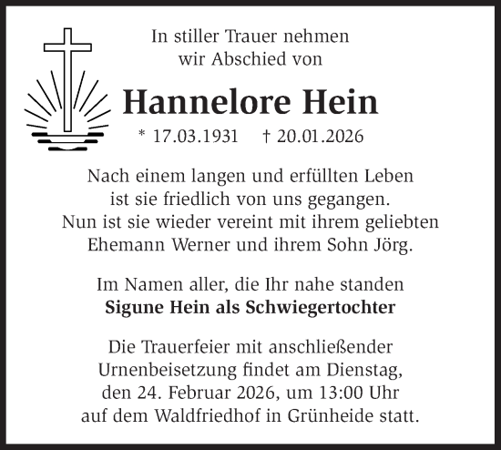 Traueranzeige von Hannelore Hein von Märkische Oderzeitung