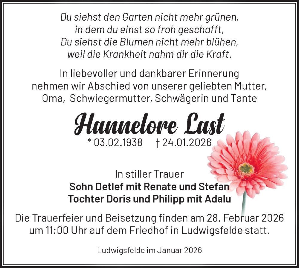 Traueranzeige für Hannelore Last vom 07.02.2026 aus Blickpunkt Ludwigsfelde/Zossen
