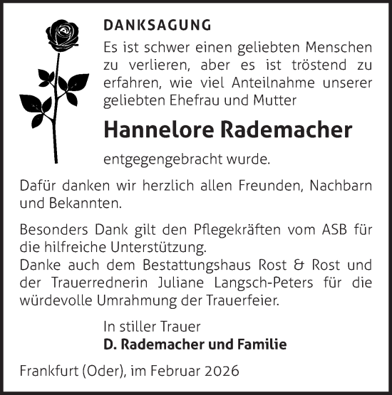Traueranzeige von Hannelore Rademacher von Märkische Oderzeitung