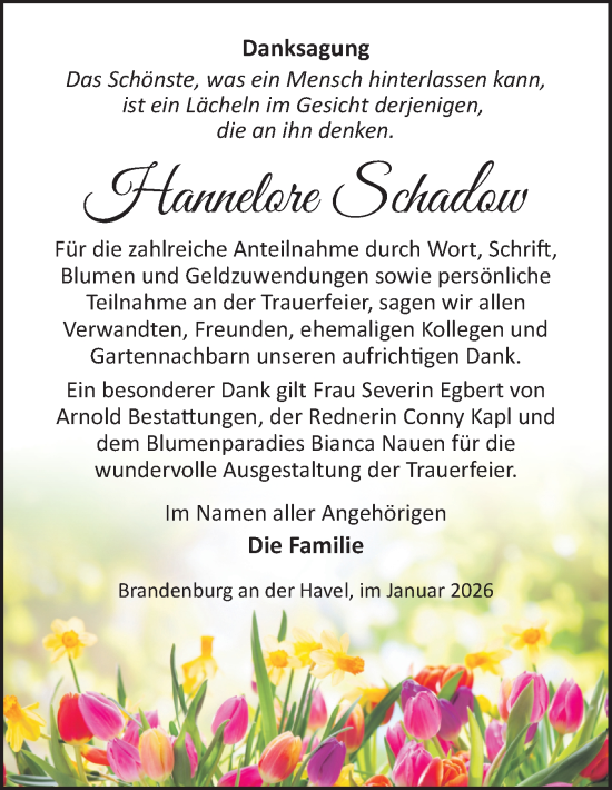 Traueranzeige von Hannelore Schadow von Märkische Oderzeitung