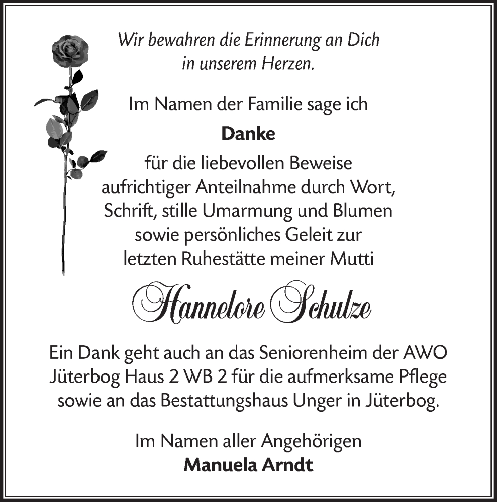  Traueranzeige für Hannelore Schulze vom 07.02.2026 aus Blickpunkt Jüterbog/Luckenwalde