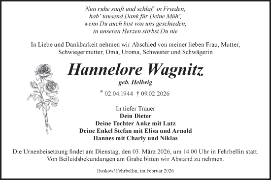 Traueranzeige von Hannelore Wagnitz von Märkische Oderzeitung