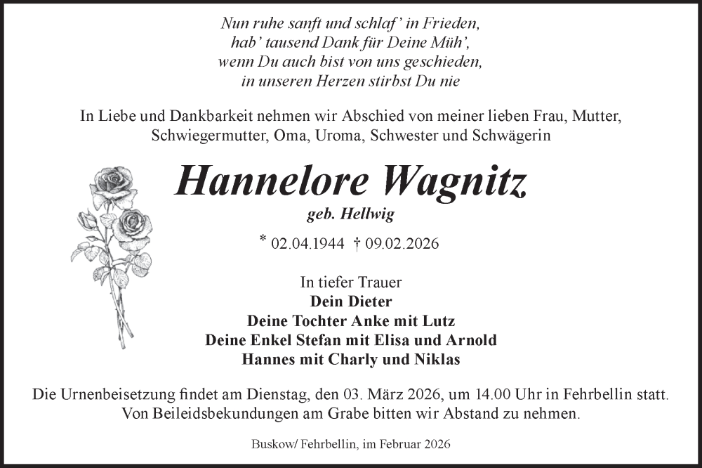  Traueranzeige für Hannelore Wagnitz vom 21.02.2026 aus Märkische Oderzeitung