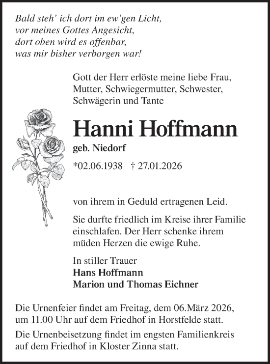 Traueranzeige von Hanni Hoffmann von Blickpunkt Ludwigsfelde/Zossen