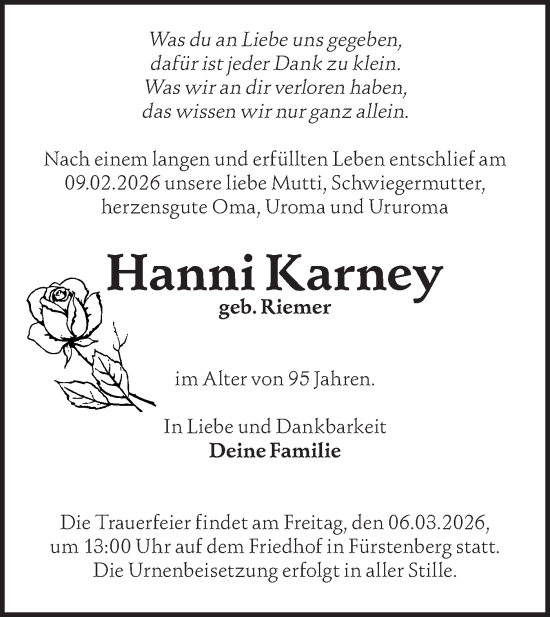 Traueranzeige von Hanni Karney von Märkische Oderzeitung