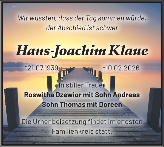 Traueranzeige von Hans-Joachim Klaue von Märkische Oderzeitung