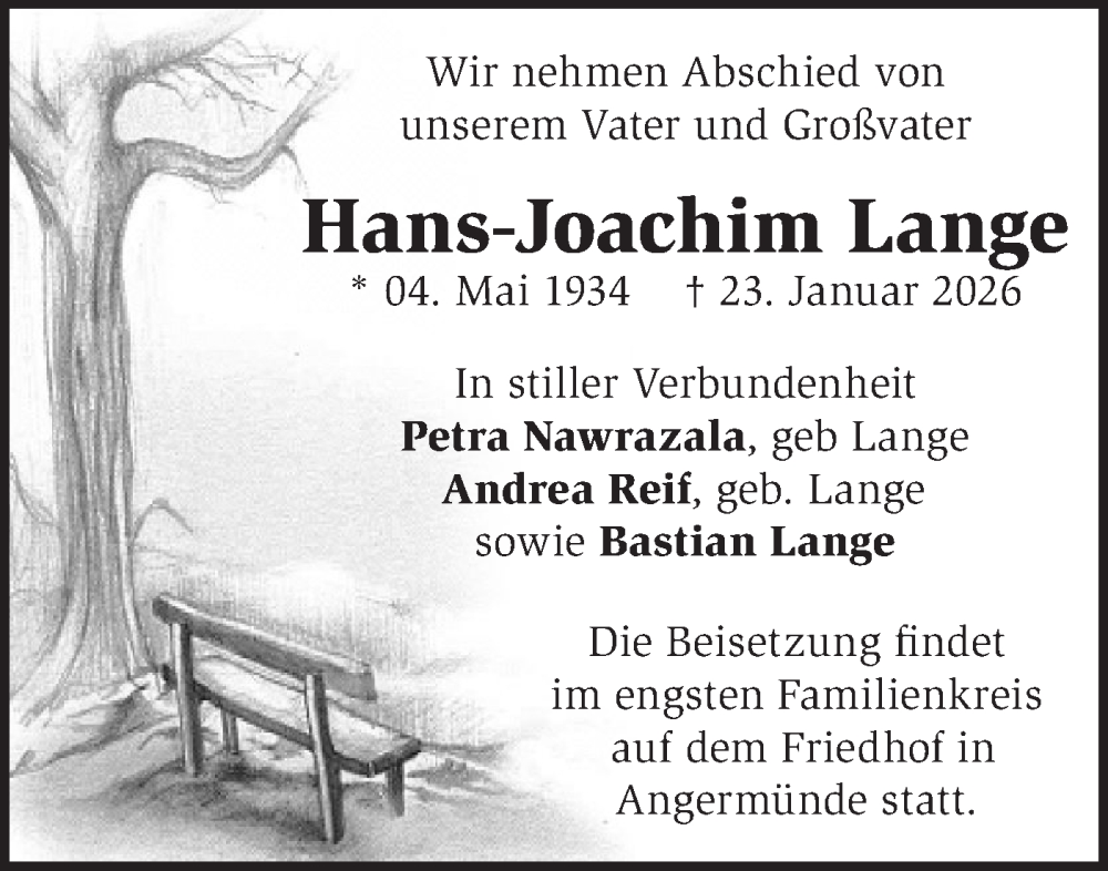  Traueranzeige für Hans-Joachim Lange vom 07.02.2026 aus MO Uckerm.-Anz.