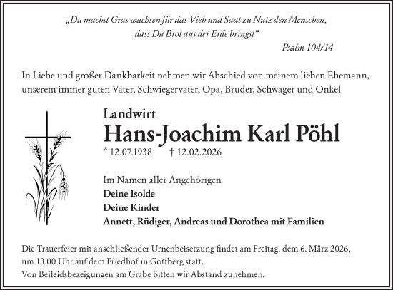 Traueranzeige von Hans-Joachim Karl Pöhl von Märkische Oderzeitung