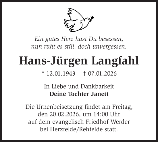 Traueranzeige von Hans-Jürgen Langfahl von Märkische Oderzeitung