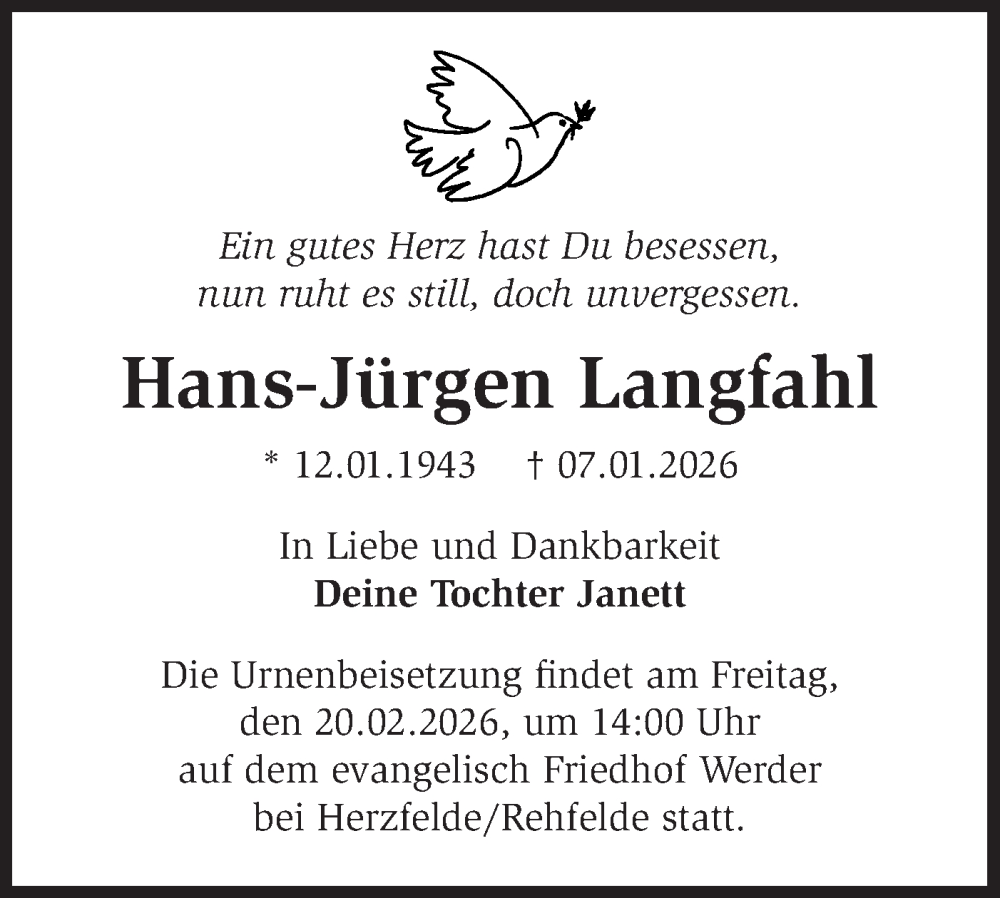  Traueranzeige für Hans-Jürgen Langfahl vom 07.02.2026 aus Märkische Oderzeitung