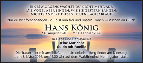 Traueranzeige von Hans König von Märkische Oderzeitung