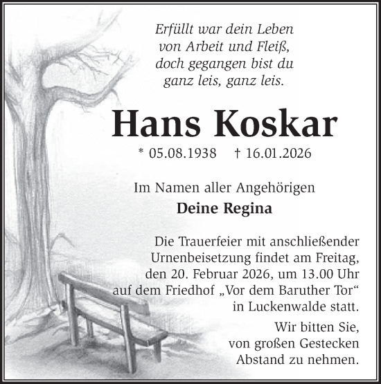 Traueranzeige von Hans Koskar von Blickpunkt Jüterbog/Luckenwalde