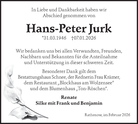 Traueranzeige von Hans-Peter Jurk von Märkische Oderzeitung
