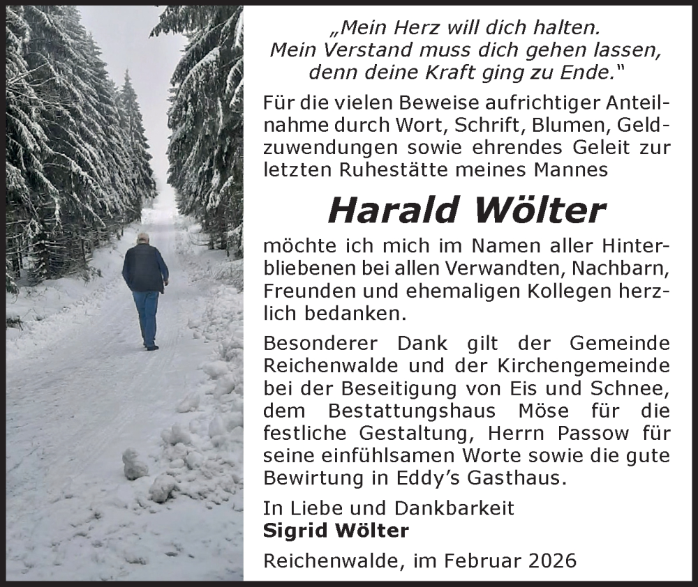  Traueranzeige für Harald Wölter vom 14.02.2026 aus Märkische Oderzeitung