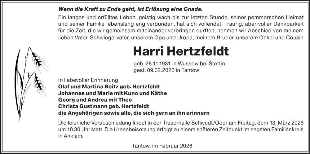  Traueranzeige für Harri Hertzfeldt vom 21.02.2026 aus MO Uckerm.-Anz.