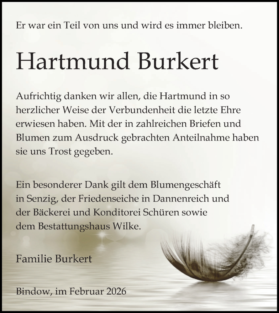  Traueranzeige für Hartmund Burkert vom 14.02.2026 aus Blickpunkt Königs Wusterhausen