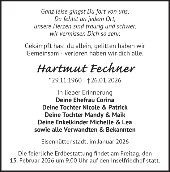 Traueranzeige von Hartmut Fechner von Märkische Oderzeitung