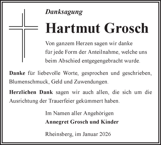 Traueranzeige von Hartmut Grosch von Märkische Oderzeitung