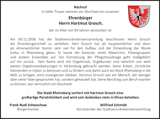 Traueranzeige von Hartmut Grosch von Märkische Oderzeitung