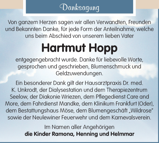 Traueranzeige von Hartmut Hopp von MO Oderld.-Echo