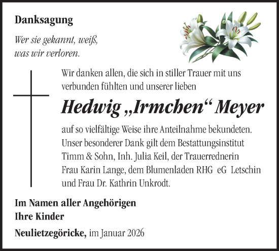 Traueranzeige von Hedwig Meyer von MO Oderld.-Echo