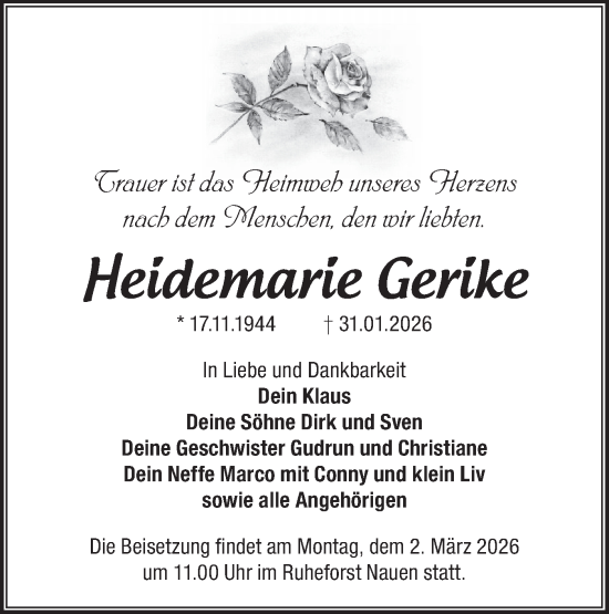 Traueranzeige von Heidemarie Gerike von Märkische Oderzeitung
