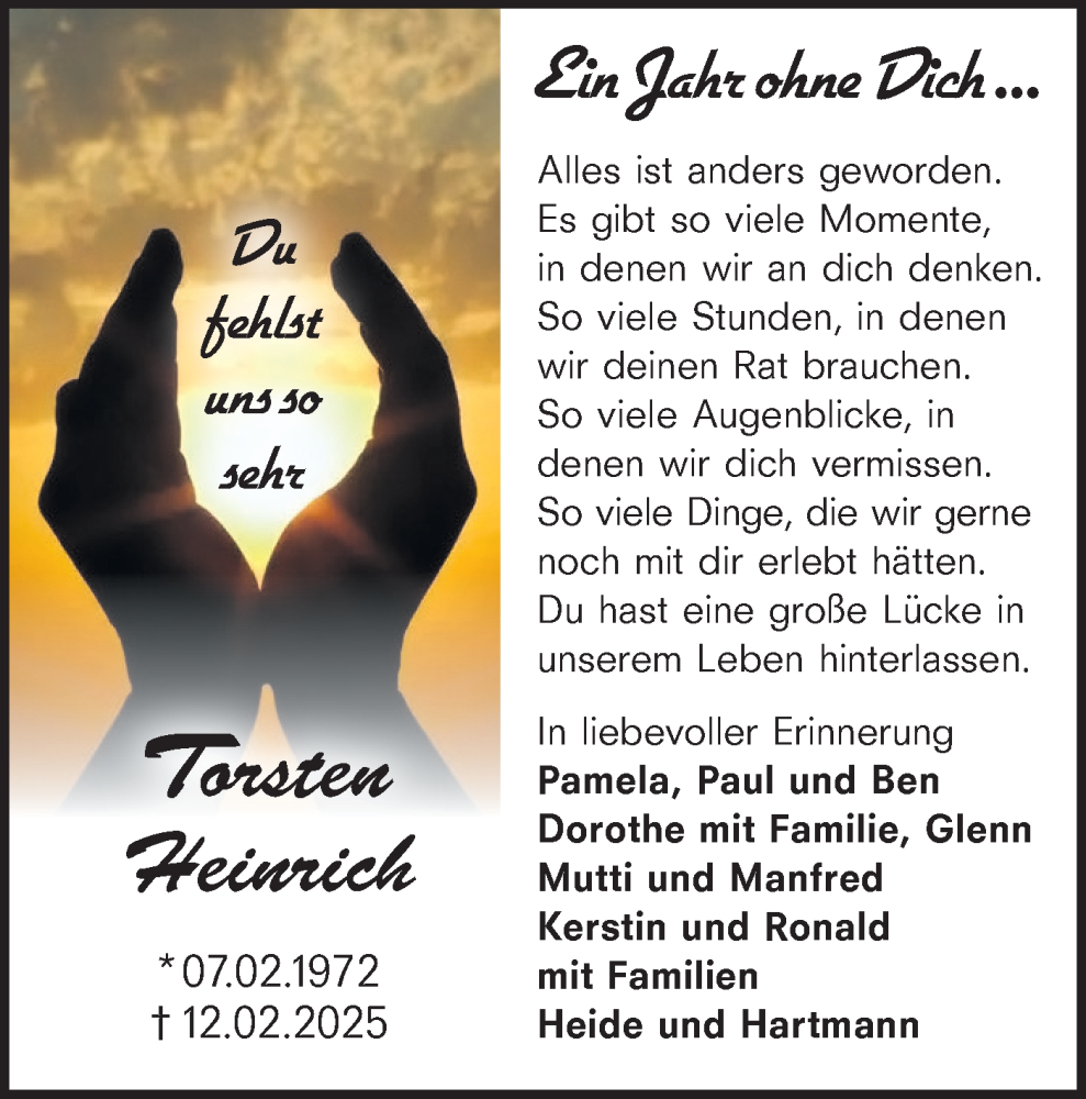  Traueranzeige für Heinrich  vom 14.02.2026 aus Märkische Oderzeitung