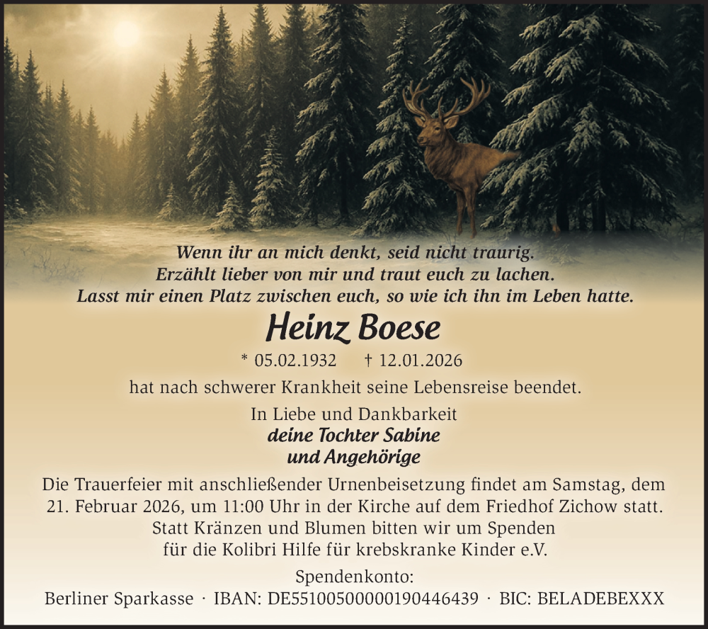  Traueranzeige für Heinz Boese vom 14.02.2026 aus Märkische Oderzeitung