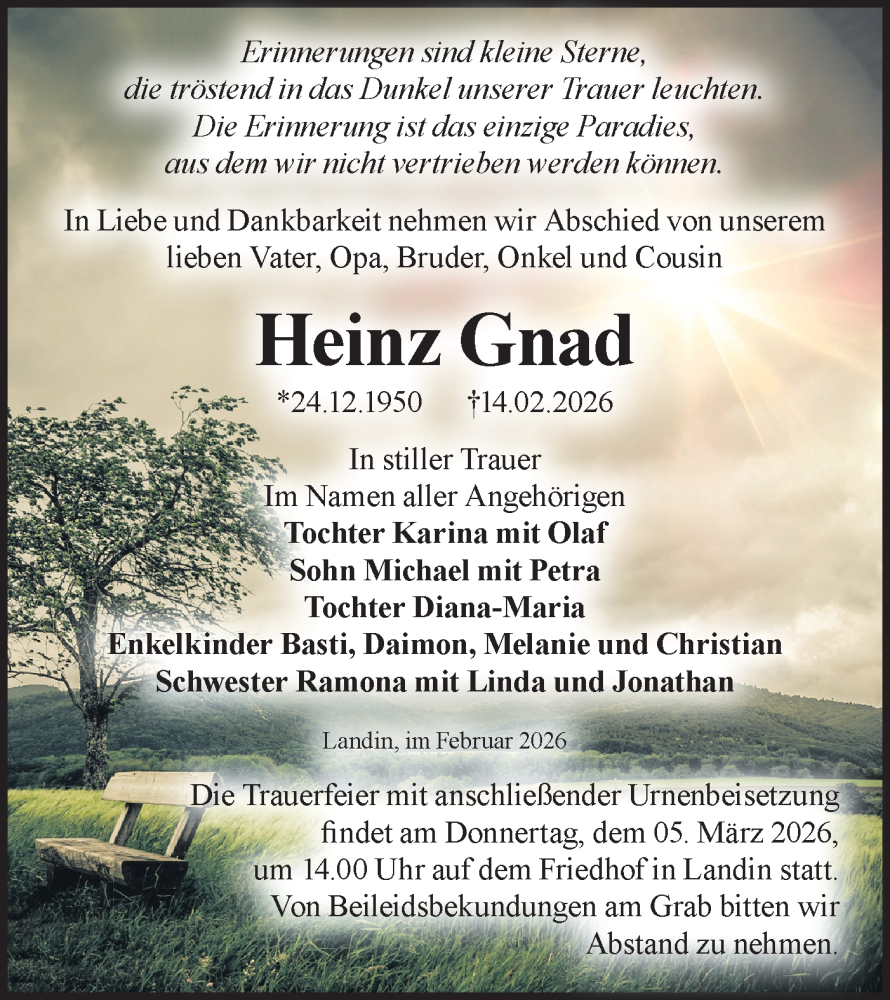  Traueranzeige für Heinz Gnad vom 21.02.2026 aus Märkische Oderzeitung