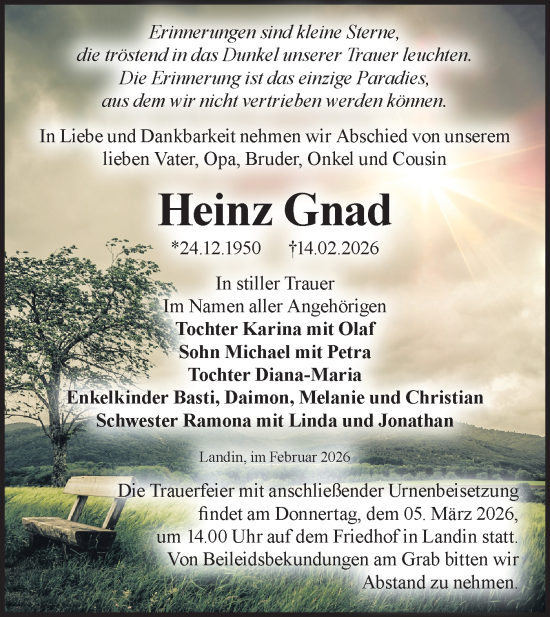 Traueranzeige von Heinz Gnad von Märkische Oderzeitung