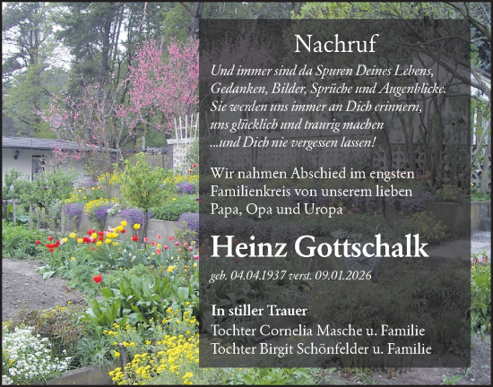 Traueranzeige von Heinz Gottschalk von Märkische Oderzeitung