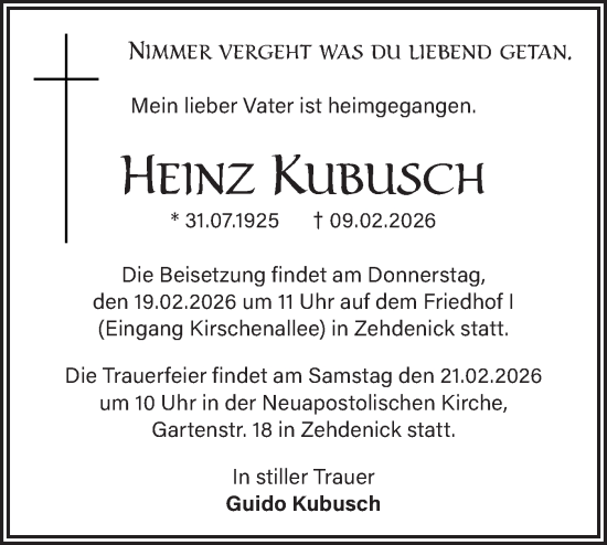 Traueranzeige von Heinz Kubusch von Märkische Oderzeitung